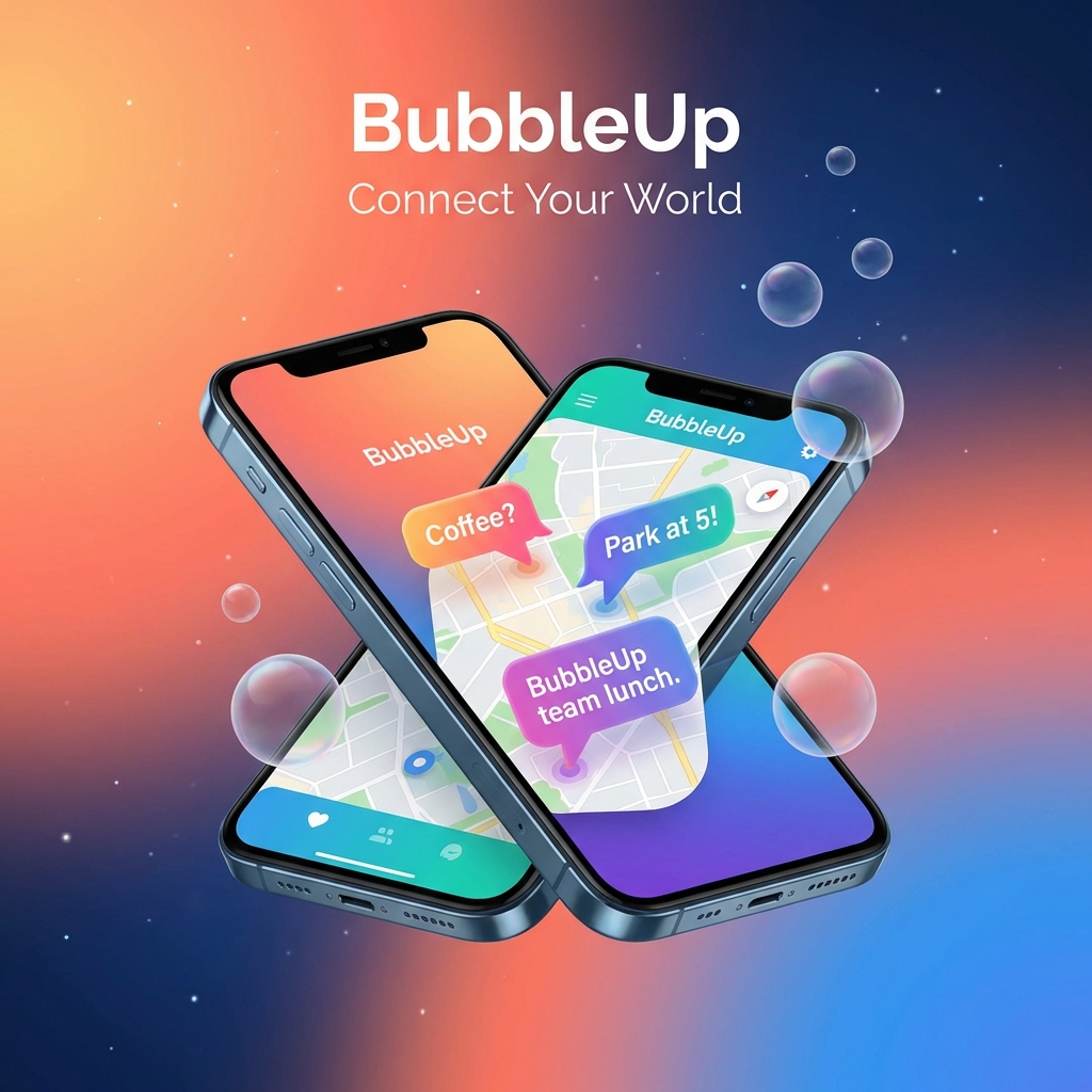 BubbleUp location-based chat map showing nearby rooms and local conversations